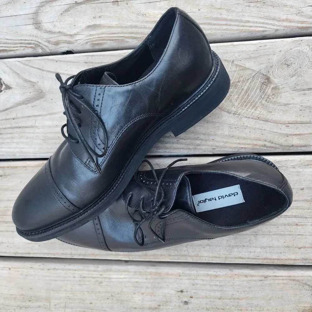 David Taylor Men’s Size 8.5 Oxford Black Leather Brogue Round Cap Toe Lace Shoes